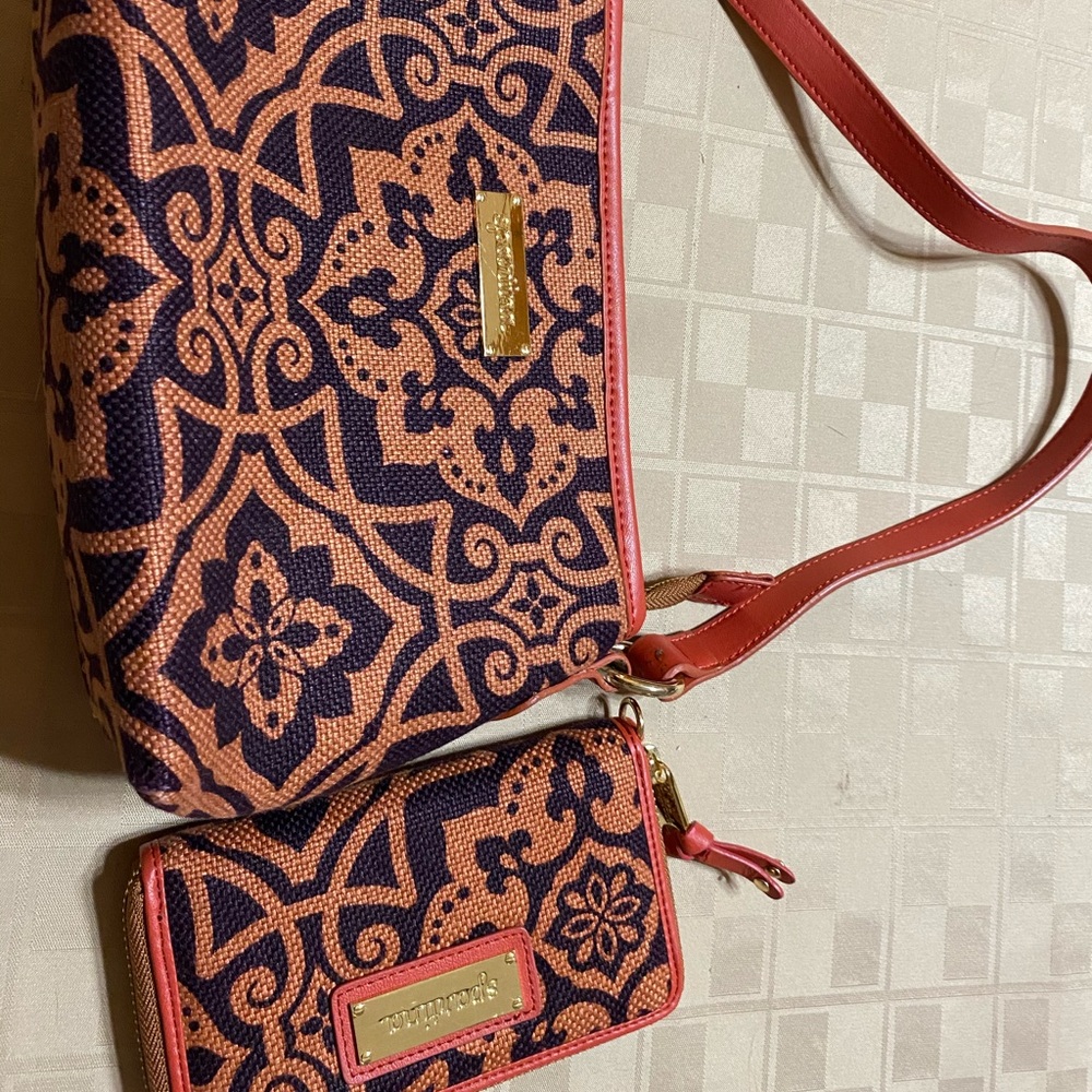 NWOT Spartina Natural Linen Genuine Leather Matching Bag & Wallet Burnt Orange